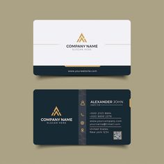 a business card with a gold and black logo on the front, and an image of a