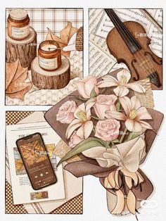 a painting of flowers, music and other items