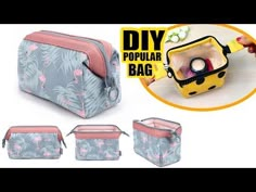 this is an image of a set of makeup bags with flowers on them and the words diy popular bag below it