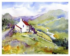 a watercolor painting of a house on a hill