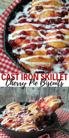 a cast iron skillet filled with cherry pie biscuits and drizzled with icing