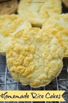 homemade rice cakes on a cooling rack with text overlay that reads homemade rice cakes