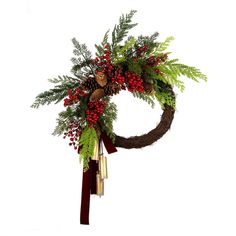 a christmas wreath with pine cones, berries and bells hanging on a red ribbon against a white background