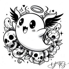 a black and white drawing of skulls with angel wings on it's head, surrounded by flowers