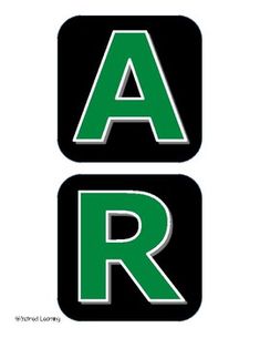 the letters are black and green with white lettering on them that read,'ar '