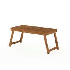 a small wooden table with one leg extended to the side and two legs down, on an isolated white background