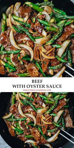 beef and asparagus stir fry in a skillet with the words beef with oyster sauce