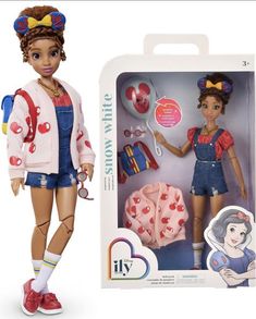 the doll is wearing overalls and shoes