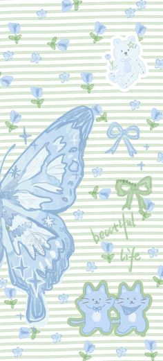 a blue butterfly on a green and white striped wallpaper with little bears around it