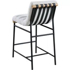 a black and white striped bar stool with wooden legs, on an isolated white background