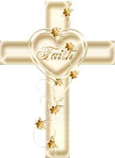 a cross with flowers on it and the word faith written in gold overlays