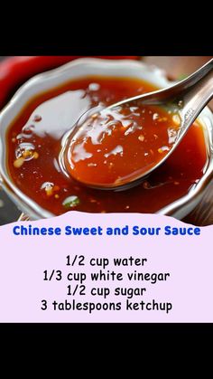 chinese sweet and sour sauce in a white bowl with a spoon on the side, labeled 1 / 3 cup water