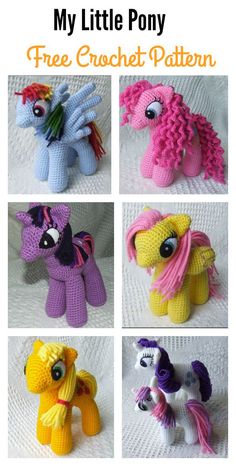 the crochet pattern for my little pony is shown in four different colors and sizes