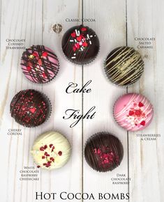 the different types of chocolates are shown in this advertisement for cakes and cupcakes