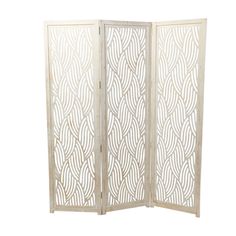 a white room divider with an intricate design on the top and bottom panel,