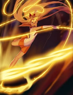 a cartoon character is flying through the air with her arms spread out and glowing yellow light