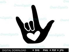 a hand making the v sign with a heart on it's middle finger, in black and white