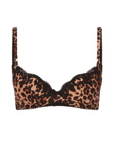 Molly is a sophisticated, timeless AP classic. Leopard print and black bra Balcony cut style Padded cups Black hand-cut Leavers lace lays over top of cups Silk-satin adjustable straps with gold-toned sliders Fastens at centre back with classic hook and eye clasp Matching black satin bow sits between cups Match Molly with the rest of her timeless collection Printed Bras, Cute Bras, Brown Leopard, Plunge Bra, Black Bra, Agent Provocateur, Shop Swimwear, Black Satin, Cut And Style