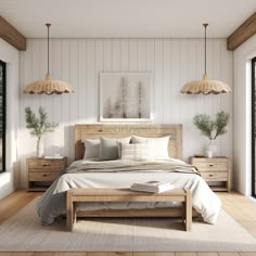 a bedroom with white walls and wooden floors