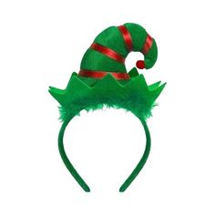 a green and red elf's hat on top of a headband