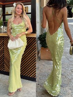 two pictures of a woman in green sequins, one showing the back of her dress