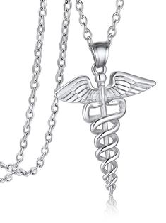 PRICES MAY VARY. § Design: Caduceus, as a symbol of medical care, exudes a mysterious and powerful charm. The image of the double snake winding the rod, coupled with vintage craftsmanship, gives people a sense of protection from history. § Material: Made with Top quality 316L stainless steel, does not tarnish and oxidize, durable and last-color retention, hypoallergenic, friendly to skin. § Size: Pendant length 44mm/1.7inch Chain length 55+5cm/22+2inch, total weight 13g. 3 color available, Steel Women Protection, Medical Sign, Medical Alert Necklace, Nursing Necklace, Medical Jewelry, Symbol Necklace, Nurse Doctor, Medical Alert, Necklace For Men