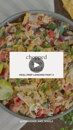 129K views · 12K reactions | recipe in caption👇🏼 chopped taco salad🌮🥗

meal prep lunches part 3! this salad is so delicious and has such a great medley of tastes and textures. it’s family friendly, budget friendly, and made with whole food. 

Taco Chopped Salad
Serves 6
Total time: 30 mins
 
Ingredients
For the Chicken:
3 chicken breasts
1 c chicken broth
2 tsp taco seasoning
1 tsp garlic powder
Salt and pepper
 
For the Salad:
½ green cabbage, chopped
2 red bell peppers, chopped
1 hothouse cucumber, chopped
½ red onion, chopped
10 oz frozen corn, thawed
2 cans black beans, drained and rinsed
½ c cilantro, chopped (optional)
Tortilla chips, for topping (I used Late July Jalapeno Lime chips, and I loved that!)
 
For the Dressing:
1 c Greek yogurt
1 lime
¼ c olive oil
4-5 drops of liquid Lime Chips, Meal Prep Lunches, Healthy Chicken Tacos, Seashell Tattoos, Bariatric Eating, Salad Meal Prep, Red Bell Peppers, Cold Salad, Prepped Lunches