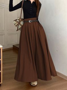 Solid Color Simple Pleated Skirt, Daily Casual Wear Brown Casual   Woven Fabric Plain Flared Non-Stretch  Women Clothing, size features are:Bust: ,Length: ,Sleeve Length: Skirt Office Outfits Women, Brown Dresses On Black Women, How To Style Brown Skirt, Brown And Black Outfits For Women, Pleated Skirt Work Outfit, Skirt Outfits Brown, Brown Skirt Outfits, Women Skirt Outfits, Flare Skirt Outfit