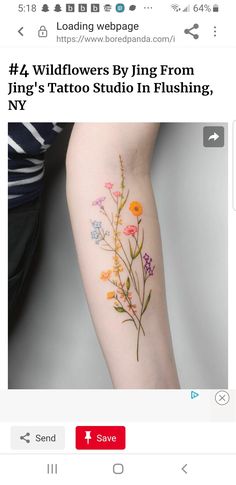 an image of a flower tattoo on someone's arm with the words wildflowers dying from king's tattoo studio in flushing, ny