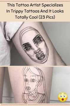 two different tattoos on the legs and one has a woman's face in it