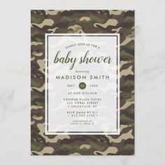 the camo baby shower is shown in green, white and brown colors with a square frame