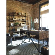 a room with a brick wall and shelves filled with books, plants and other items