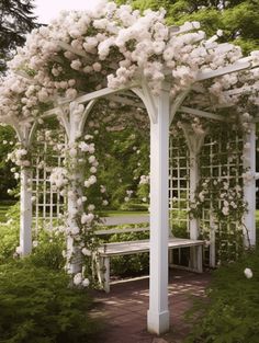 Backyard Garden Entrance Ideas: White Pergola with Climbing Roses Pergola With Roses, Flower Covered Pergola, Arched Pergola Ideas, Rose Covered Pergola, Pergola With Climbing Roses, Climbing Roses On Pergola, Rose Pergola Ideas, Climbing Roses Pergola, Pergola With Flowers