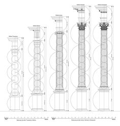 an architectural drawing shows the details of different columns and pillars, with measurements for each column