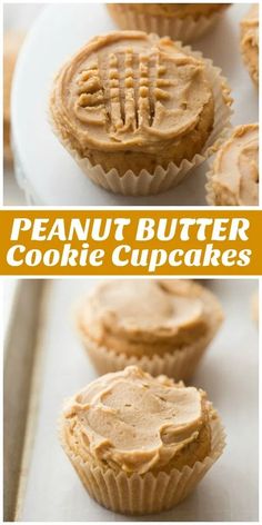 peanut butter cookie cupcakes on a white plate with the words, peanut butter cookie cupcakes