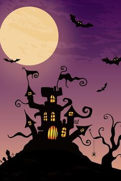 an illustration of a spooky halloween house with bats flying around it at night