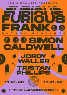 an orange and purple concert poster with the words,'friends frank franko '