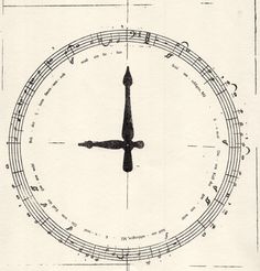 a drawing of a clock with musical notations on it's face and hands