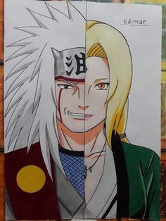 an image of two anime characters with their faces painted in pencil and colored on paper