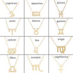 zodiac sign necklaces with names in gold or silver, choose from the size and color