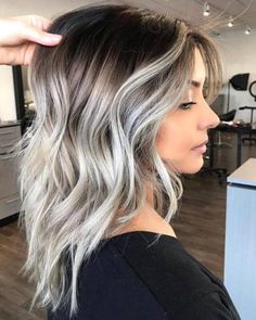 Brown Color Melt To Blonde, Brunette Balayage Hair Short Fine, Highlights To Blend Grey On Brown Hair, Short White Blonde Hair Dark Roots, Trendy Gray Hairstyles, Smudge Root Blonde Balayage Money Piece, Lightened Blonde Hair, Brown Silver Balayage, Blond Balayage Hair On Brown Hair