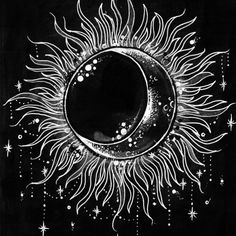 the sun and moon are depicted in this black and white drawing