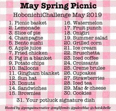 a pink and white checkered table cloth with the words may spring picnic