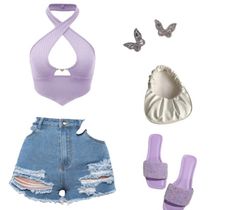 Amazon Butterfly Shorts, Outfits With Butterfly Shorts, Purple Summer Beach Crop Top, Trendy Butterfly Shorts, Purple Butterfly Shorts, Casual Outfits For Teens, Easy Trendy Outfits