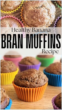 healthy banana bran muffins recipe with text overlay