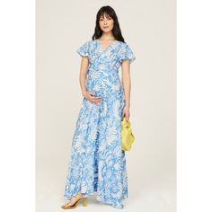 Blue floral crepe (95% Polyester 5% Spandex). Wrap. Short sleeves. V-neck. Tie closure. 57.5" from shoulder to hemline. Imported. Maternity Maxi, Baby Shower Dresses, Shower Dresses, Babymoon, Rent The Runway, Closet Designs, Blue Floral, Neck Tie, Short Sleeves