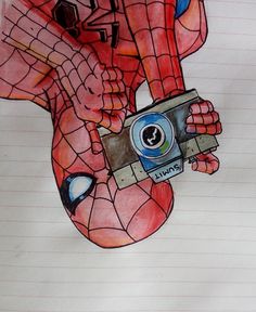 a drawing of a spider man holding a camera