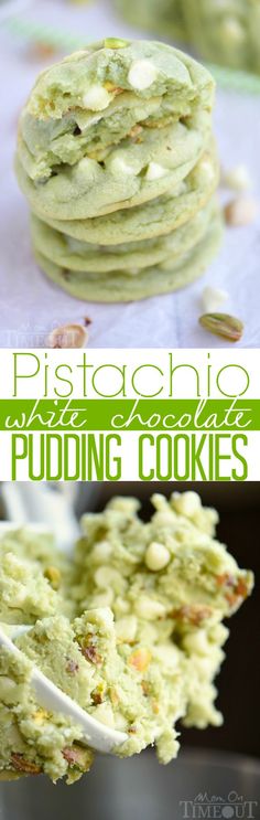 pistachio pudding cookies with almonds on top and in the middle, stacked up