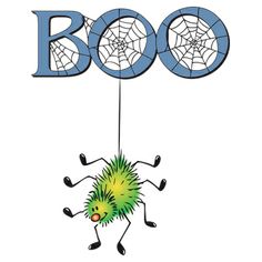 the logo for boo is hanging from a spider's web with its legs spread out