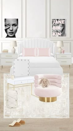 a bedroom with white furniture and pink accessories on the floor in front of a bed